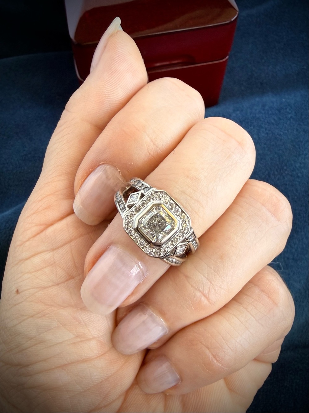 Custom 14K White Gold Bezel Set Halo Natural Diamond Ring, 1.56 carat tdw